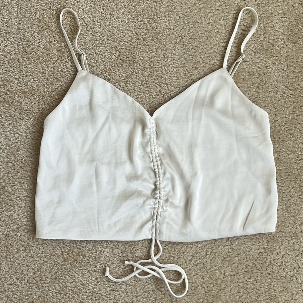 Aritzia Wilfred Cream White Satin Crop Tank Top Adjustable Front Scrunch Tie XS
